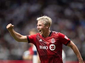 Former Toronto FC defender Lukas MacNaughton is flourishing at Nashville, he returns to BMO Field on Saturday as Nashville looks to extend its league unbeaten run to nine games. MacNaughton celebrates his goal at the Canadian Championship soccer final in Vancouver, Tuesday, July 26, 2022.