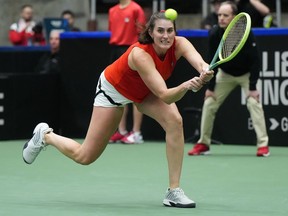 Canada's Rebecca Marino returns to Belgium's Ysaline Bonaventure during a Billie Jean King Cup qualifiers singles match in Vancouver on Friday, April 14, 2023.&ampnbsp;Marino outlasted American Emina Bektas 6-4, 4-6, 7-6 (1) on Thursday to reach the quarterfinals at the Rothesay Classic.