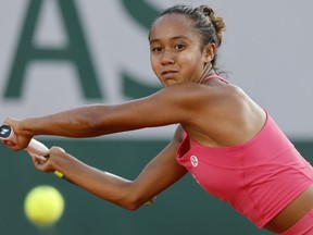 Canada's Leylah Fernandez and American playing partner Taylor Townsend advanced to the women's doubles finals at the French Open on Friday. Fernandez plays a shot at the French Open tennis tournament at the Roland Garros stadium in Paris, Wednesday, May 31, 2023.