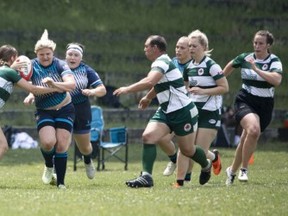 Transitioning from male to female rugby player known as Ash is about to make a tackle for the Fergus Highlanders against the Stoney Creek Camels June 17 -- Brayden Swire photo