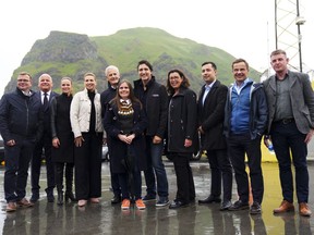 Prime Minister Justin Trudeau joins fellow Nordic leaders to take part in a photo in Vestmannaeyjar, Iceland, Sunday