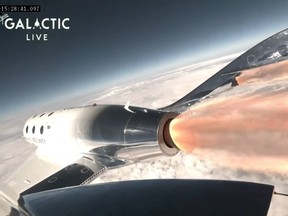 This still image from a Virgin Galactic video shows the Galactic 01 mission spacecraft launching the first commercial flight from Spaceport City in New Mexico on June 29, 2023.