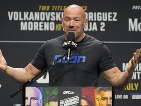 Dana White speaks during a news conference for UFC 290.