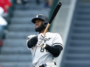 Luis Robert Jr. of the Chicago White Sox hits a home run against the Los Angeles Angels.