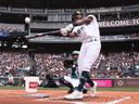 Luis Robert Jr. of the Chicago White Sox bats during the T-Mobile Home Run Derby.