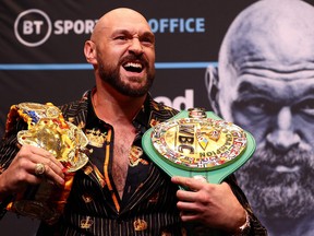 WBC heavyweight title holder Tyson Fury takes part in an pre-fight news conference.