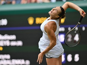 Belarus's Aryna Sabalenka serves the ball to Madison Keys during their match at Wimbledon.