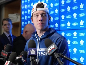 Toronto Maple Leafs Mitch Marner speaks to media during an end-of-season availability.