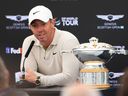 Rory McIlroy of Northern Ireland talks to the media after winning the Scottish Open.