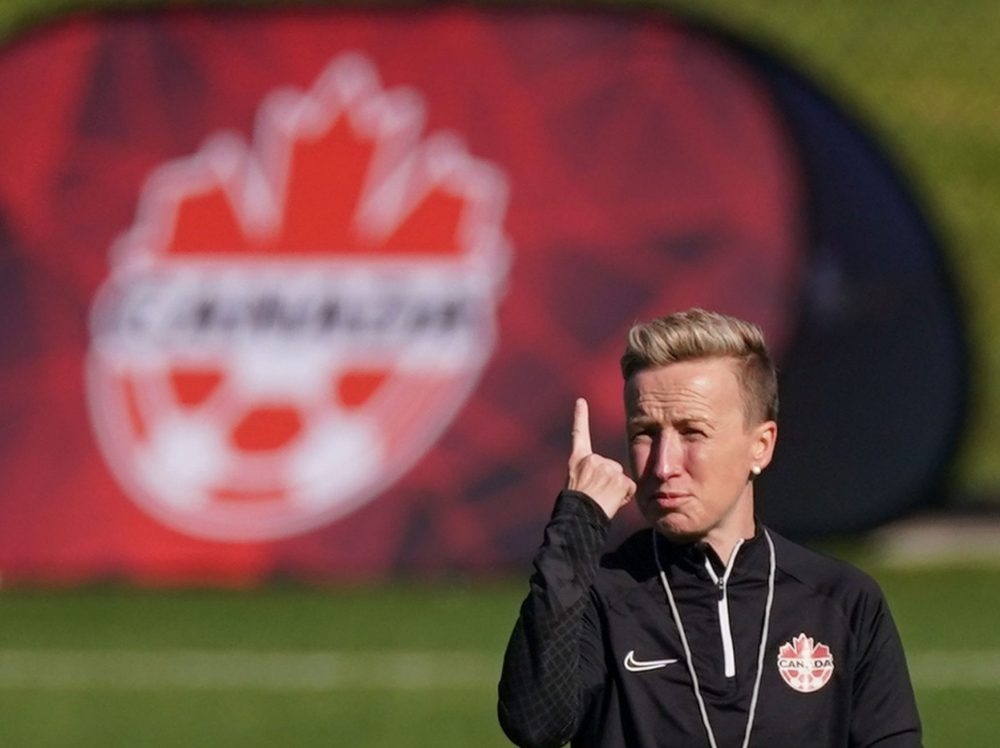 Canada's coach Bev Priestman gestures during a training session ahead of the FIFA Women's World Cup.