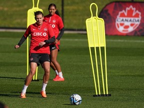 Canada's Christine Sinclair controls the ball during a training session ahead of the FIFA Women's World Cup.