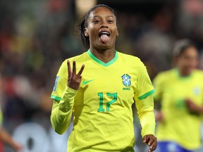 Ary Borges of Brazil celebrates after scoring her team's fourth and her hat trick goal.