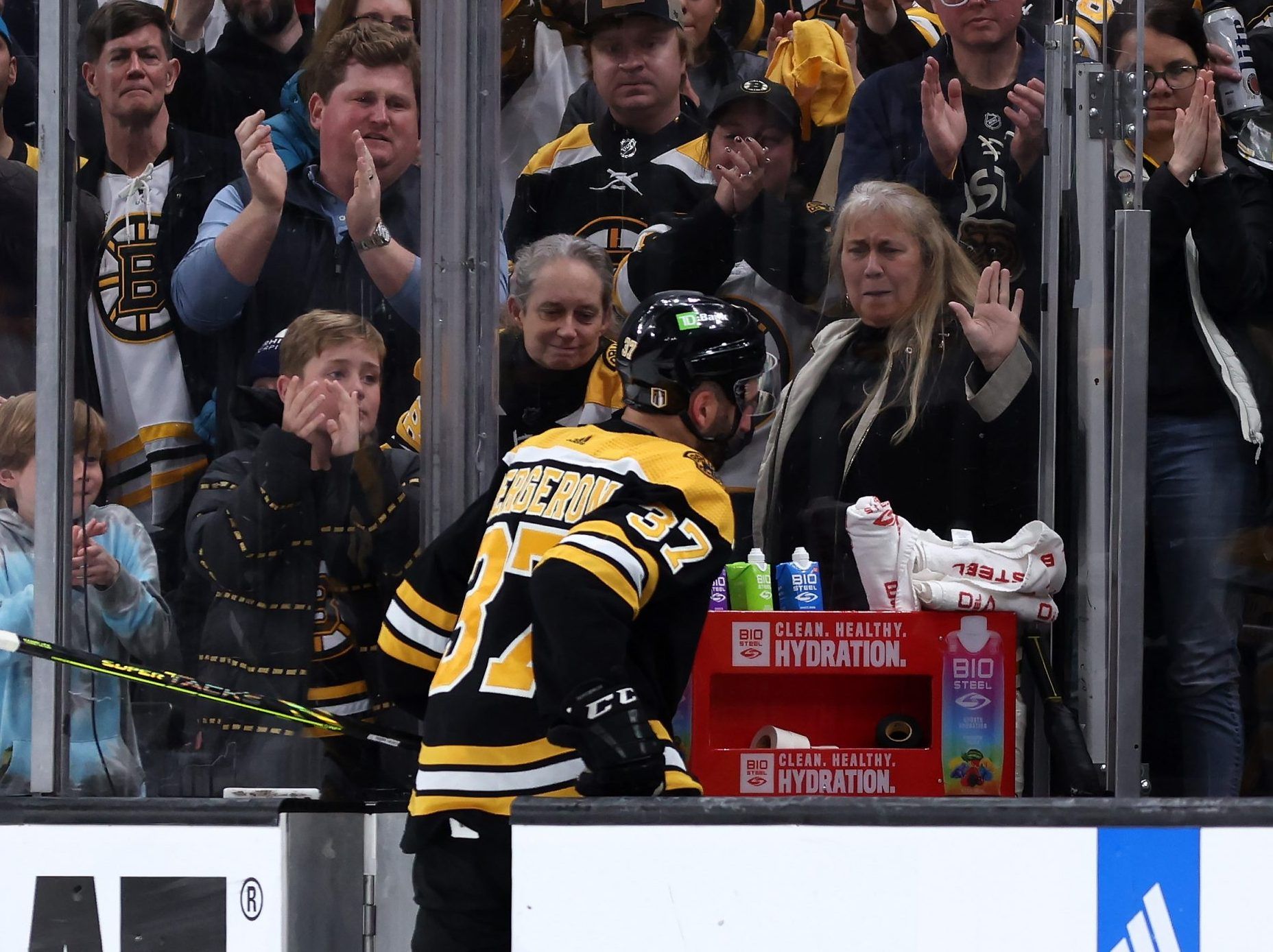 Patrice Bergeron of the Boston Bruins exits the ice after Florida Panthers defeat the Bruins in overtime of Game 7.