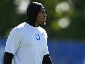 Indianapolis Colts running back Jonathan Taylor watches drills during practice.