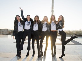 Lily Aldridge, Adriana Lima, Jasmine Tookes, Elsa Hosk, Josephine Skriver and Alessandra Ambrosio attend a photocall for the Victoria's Secret Angels ahead of the annual fashion show at The Eiffel Tower, on Nov. 29, 2016 in Paris.