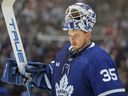 Maple Leafs goaltender Ilya Samsonov heads back to the net against the Washington Capitals during an NHL game at Scotiabank Arena on Oct. 13, 2022, in Toronto. Samsonov elected for salary arbitration on Wednesday, July 5, 2023, according to the NHLPA.