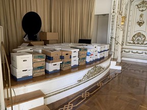 In this handout photo provided by the U.S. Department of Justice, stacks of boxes can be observed in the White and Gold Ballroom of former U.S. President Donald Trump's Mar-a-Lago estate in Palm Beach, Fla.