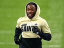 Alvin Kamara of the New Orleans Saints warms up prior to a game against the Green Bay Packers at Mercedes-Benz Superdome on Sept. 27, 2020, in New Orleans.