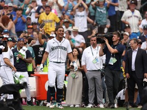 Julio Rodríguez of the Seattle Mariners reacts during the T-Mobile Home Run Derby at T-Mobile Park on Monday, July 10, 2023 in Seattle, Wash..