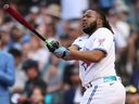 Vladimir Guerrero Jr. of the Toronto Blue Jays bats during the T-Mobile Home Run Derby at T-Mobile Park on Monday, July 10, 2023 in Seattle. 
