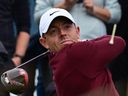 Northern Ireland's Rory McIlroy watches his drive from the 15th tee during a practice round for 151st British Open Golf Championship at Royal Liverpool Golf Course in Hoylake, north west England on July 18, 2023.  
