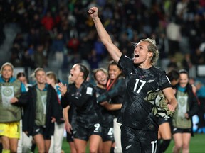 New Zealand's forward #17 Hannah Wilkinson celebrates after her team won the Australia and New Zealand 2023 Women's World Cup Group A football match between New Zealand and Norway at Eden Park in Auckland on July 20, 2023.