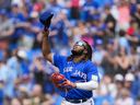 Vladimir Guerrero Jr. of the Toronto Blue Jays celebrates his team defeating the San Diego Padres in their MLB game at Rogers Centre on Thursday, July 20, 2023, in Toronto. 