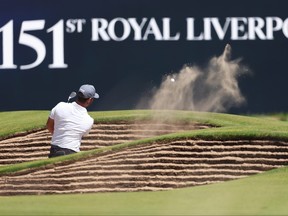 David Lingmerth of Sweden plays a shot from a bunker on the 18th hole during a practice round prior to The 151st Open at Royal Liverpool Golf Club on July 19, 2023 in Hoylake, England.