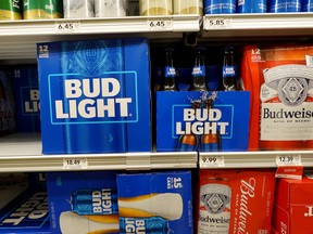 Bud Light, made by Anheuser-Busch, sits on a store shelf