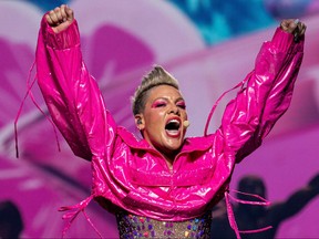 Alecia Beth Moore Hart aka Pink (P!nk) performs on stage at the Paris La Defense Arena, in Nanterre, western Paris, on June 20, 2023. (Photo by ANNA KURTH/AFP via Getty Images)