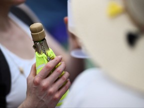 A tennis fan drinks Champagne.