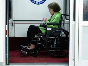 US Senator Dianne Feinstein, Democrat of California, sits in a wheelchair on the Senate Subway on Capitol Hill in Washington, DC, on July 27, 2023.