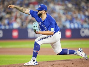 Blue Jays pitcher Alek Manoah delivers to the plate against the Angels during first inning MLB action at the Rogers Centre in Toronto, Saturday, July 29, 2023.