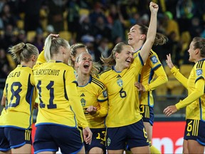 Sweden's defender #13 Amanda Ilestedt (centre) celebrtes after scoring her team's fourth goal during the Australia and New Zealand 2023 Women's World Cup Group G football match between Sweden and Italy at Wellington Stadium