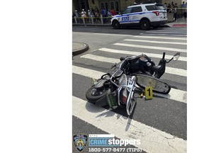 This photo provided by the New York City Police Department, Saturday, July 8, 2023, shows a motor scooter recovered at the scene of a shooting, in the Queens borough of New York.