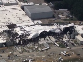 The Pfizer plant is damaged after severe weather passed the area on Wednesday, July 19, 2023 in Rocky Mount, N.C.