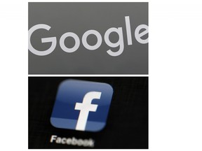 This combination of file photos shows a Google sign and the Facebook app.