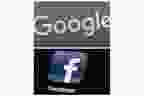This combination of file photos shows a Google sign and the Facebook app. 