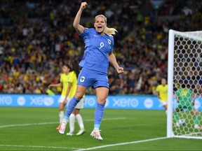 Eugenie Le Sommer of France celebrates scoring the first goal during the FIFA Women's World Cup Australia and New Zealand 2023 Group F match between France and Brazil