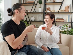 mother and son drinking tea