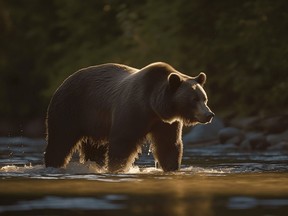 A bear stands gracefully in a flowing river, patiently waiting to catch fish in the late afternoon sunlight.