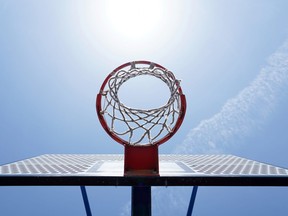 Basketball hoops look up the blue sky