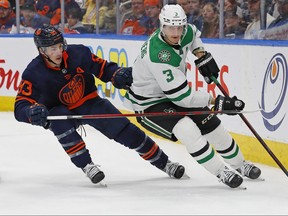 Defenceman John Klingberg (right) looks to make a pass in front of Edmonton Oilers' Ryan Nugent-Hopkins while the former was with the Dallas Stars. Klingberg was recently acquired by the Maple Leafs, who could benefit from some snarl on the blue line.