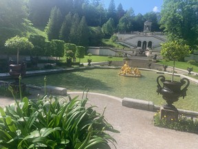 The front garden of Linderhof palace has 30 marble steps, with a gilded fountain and 25-metre geyser, up to the Temple of Venus.