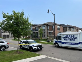Peel Regional Police at the scene on Argelia Cres. in Brampton on Tuesday, July 25, 2023.