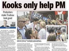 Toronto Sun tearsheet showing Justin Trudeau in a crowd. Headline reads "Kooks only help PM"