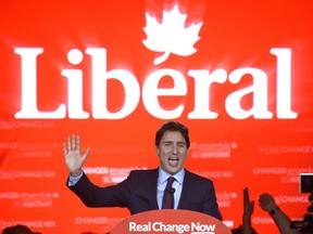 Justin Trudeau at a podium in 2015