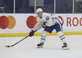 Forward Braeden Kressler wires a shot at the net during drills at the Leafs development camp in Toronto on Friday July 7, 2023. (Jack Boland/Toronto Sun)