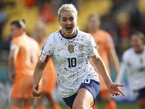 United States' Lindsey Horan celebrates her team's first US goal during the Women's World Cup Group E soccer match between the United States and the Netherlands in Wellington, New Zealand, Thursday, July 27, 2023.