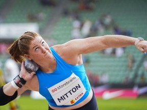 Sarah Mitton from Canada takes part in the shot put during the Diamond League Bislett Games 2023 at Bislett Stadium, Oslo, Thursday, June 15, 2023. Mitton, a Brooklyn, N.S., native, will be competing at the Canadian track and field championships, which go from Thursday to Sunday in Langley, B.C.